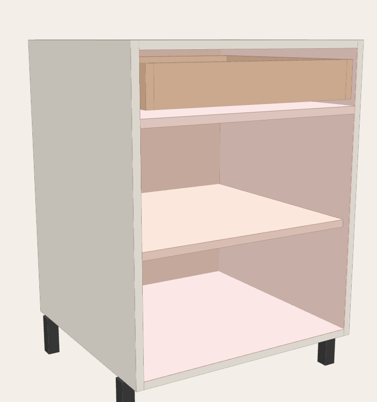 Kitchen base cabinet 600 with drawer and door 600 × 820 × 560 — Without fronts: drawer box, fixed shelf under it and an adjustable shelf